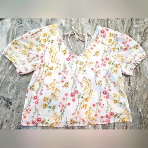 MINK Ivory Floral Puff Sleeve Cotton Blouse Lace Trim Women’s Medium